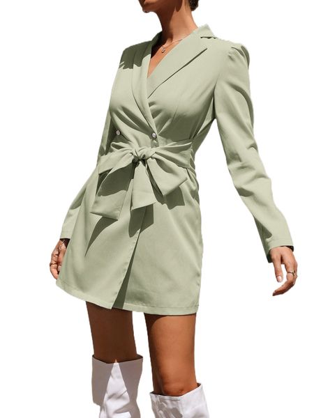 

lapel neck double breasted belted blazer dress y6yx#, White