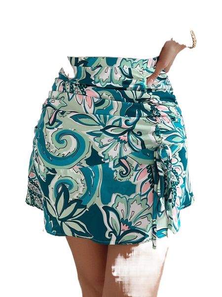 

high waist floral print ruched knot front skirt w65v#, Black