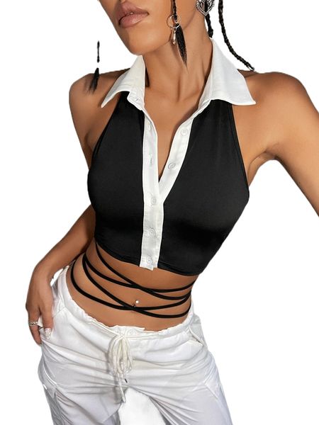 

colorblock lace up backless crop halter a07u#, White