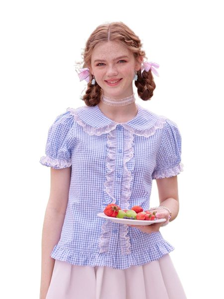 

kawaii gingham contrast lace statement collar blouse t4nr#, White
