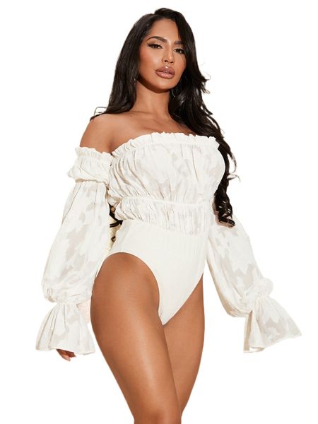 

sxy off shoulder frill trim gather sleeve bodysuit l3jy#, White