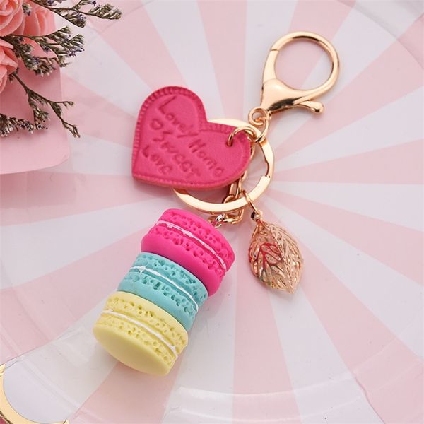 

women macaron cake keychain pu love alloy leaf key chain charm bag pendant ring party gift jewelry k3006 220623, Silver