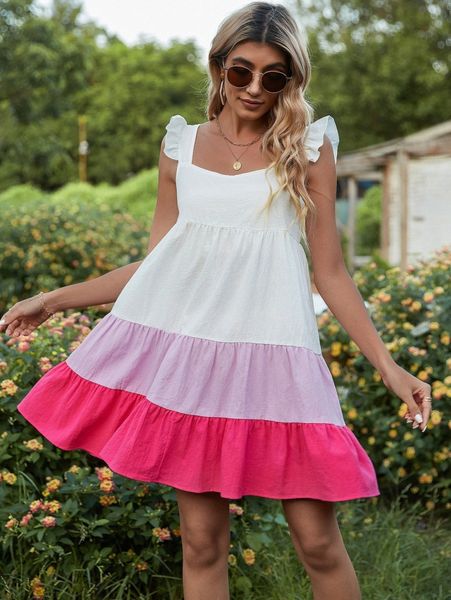 

ruffle armhole tiered hem colorblock dress j4uv#, Black;gray