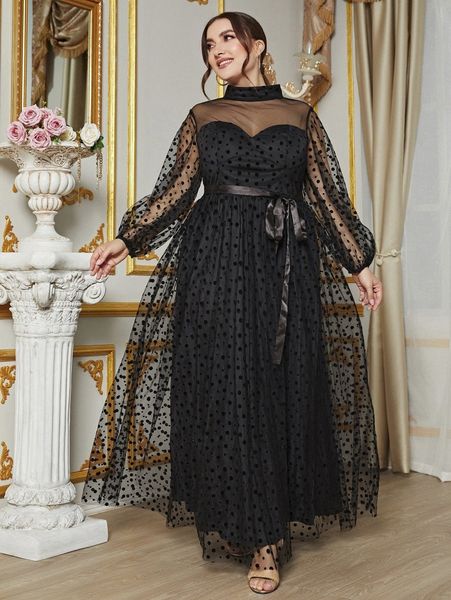

plus polka dot mesh overlay lantern sleeve belted formal dress l8kb#, Black