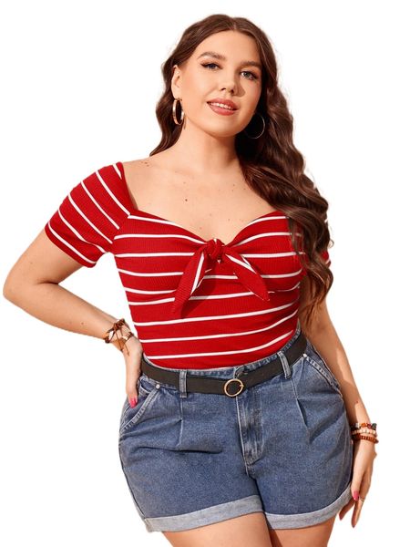 

plus striped knot front sweetheart neckline tee u99s#, Black