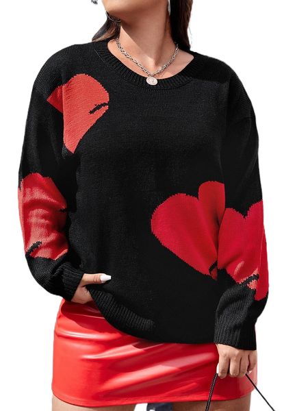 

plus heart pattern drop shoulder sweater e9qz#, Black