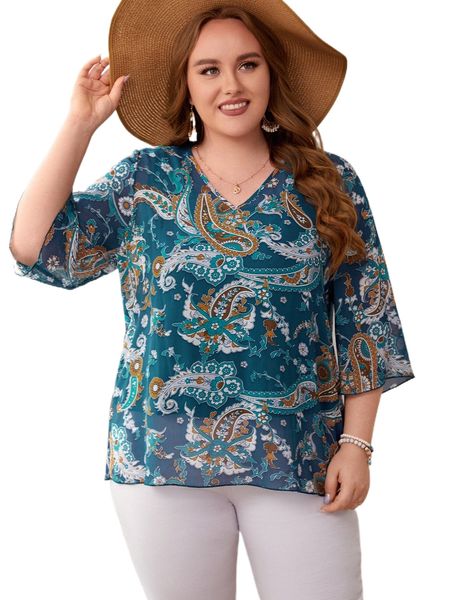 

plus paisley & floral print blouse b10o#, Black