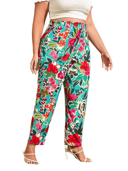 

plus floral print paper bag waist tapered pants 58xl#, Black