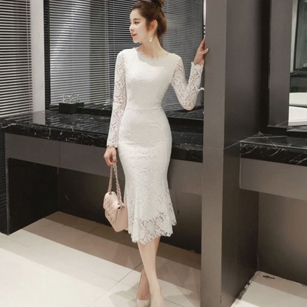 

women summer lace dresses oneck elegant midcalf sheath long sleeve formal party long white dress black women clothes y200805, Black;pink