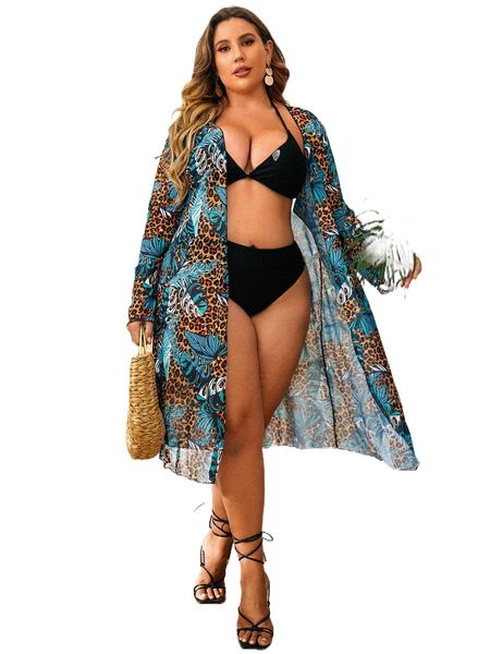 

plus leopard & tropical print kimono r9xl#, Black;gray