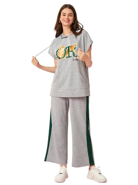 

cat & letter graphic kangaroo pocket drawstring hooded tee & pants t2af#, White