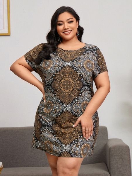 

emery rose plus allover print tunic dress d63o#, Black