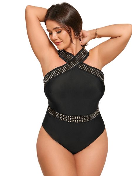 

plus studded high neck one piece swimsuit z4yr#, White;black