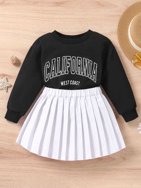

toddler girls letter graphic sweatshirt & pleated skirt she, White