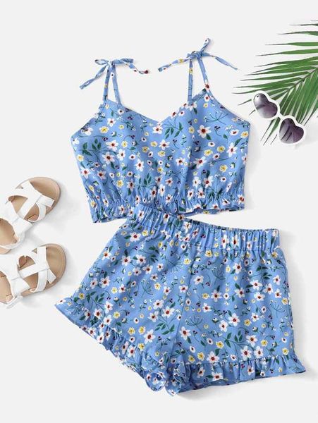 

girls knot strap floral cami & ruffle hem shorts she, White