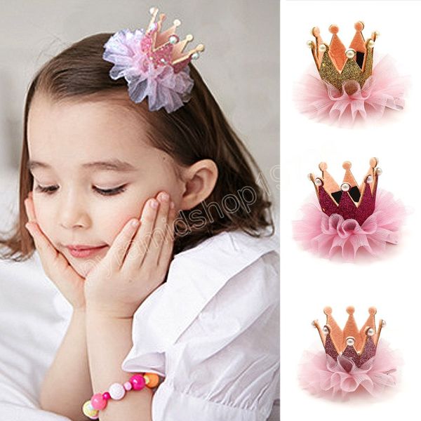 

children's hairpin headdress girl princess mesh head flower stereo crown pearls hair clip barrette birthday gifts hair accessory, Slivery;white