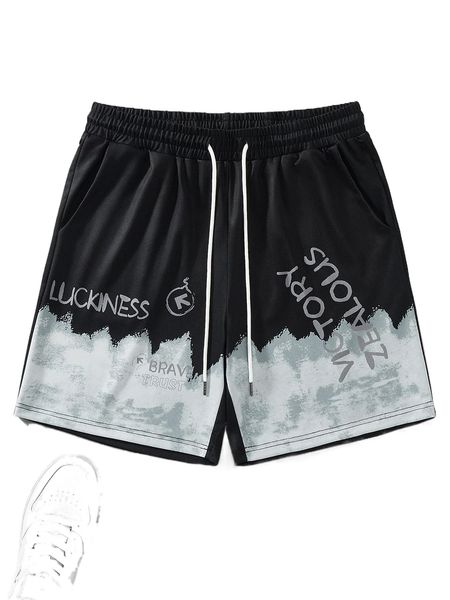 

men letter graphic colorblock drawstring waist shorts m3aw#, White;black