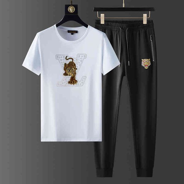

men's tracksuits summer slim fit fashion male tiger drill round neck short sleeve t-shirt trousers two pieces of fashionable sportswear, Gray