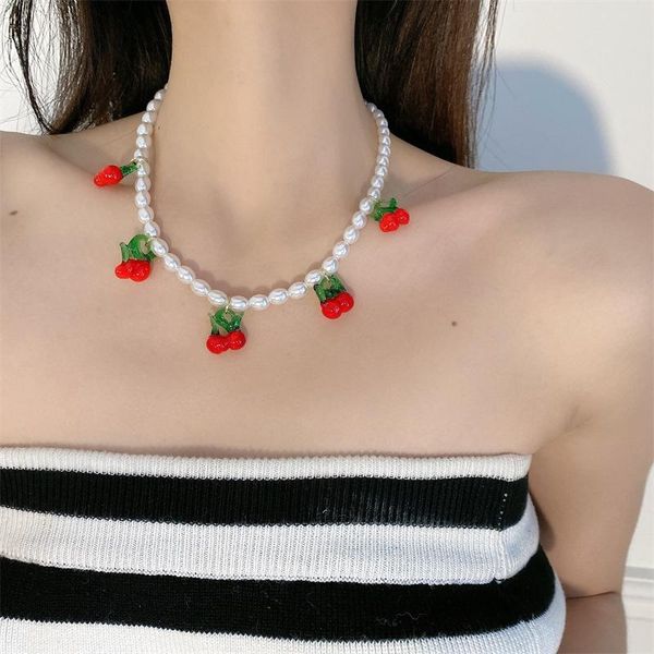 Chokers Moda Yaz Küçük Kiraz Kolye İnci Kolye Kadınlar Kızlar Kişilik Tatlı Mizaç All Maç Klavikül Zincirleri