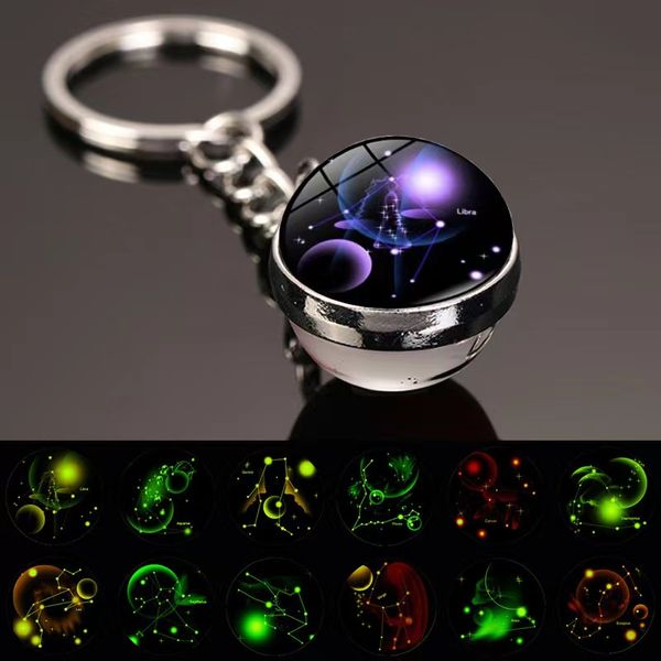 New 12 Constellation Key Ring Ring Bulk Sky Sky Luminous Keychains Time Stone Glass Ball Chain Accessories Pinging Keychain Gifts