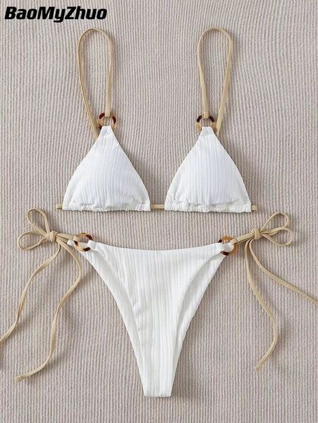 

bikini set cute white plain ring linked spaghetti strap triangle thong biquini swimsuit swimwear women bathing suit, White;black