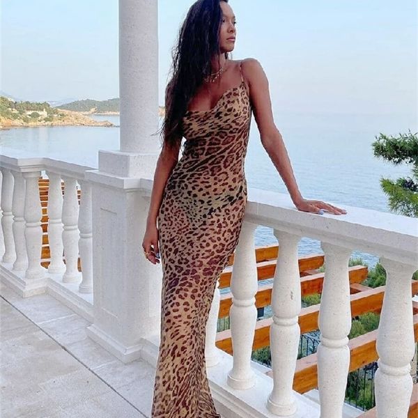 Sexy Spaghettibügel Leopard Langes Sommerkleid Maxikleid Sommerkleidung für Frauen Club Party Kleider Abend Strandkleidung A1224 220527