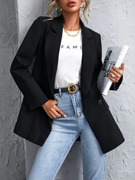 

lapel neck double button slit back blazer e87t#, White