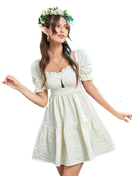 

frill trim cut out front floral textured dress r73v#, Black;gray