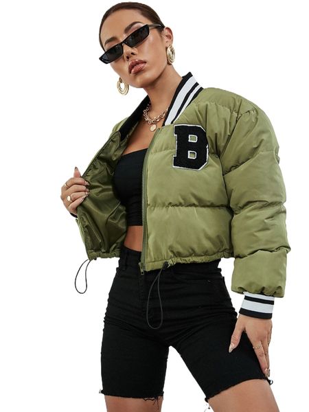 

letter patched striped trim drawstring hem puffer coat o5ra#, Black
