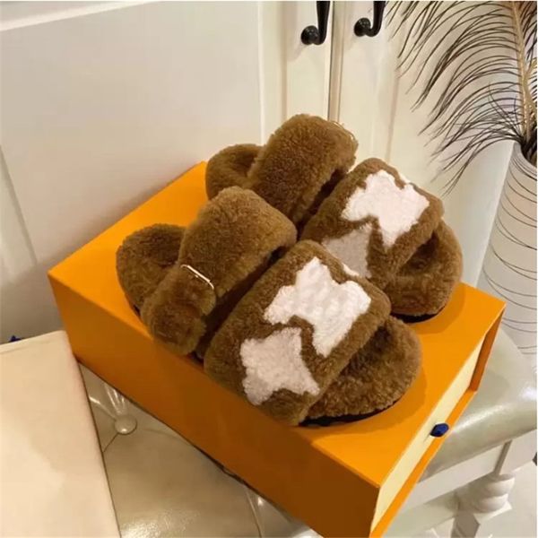 

designer womens slippers ladies wool slides winter fur fluffy furry warm letters sandals comfortable fuzzy sheet girl flip flop, Black