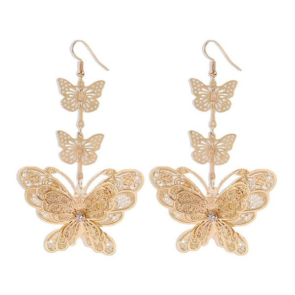 

trendy long golden butterfly pendant three-layer dangle earrings for women korean fashion earring daily birthday party jewelry gifts, Silver