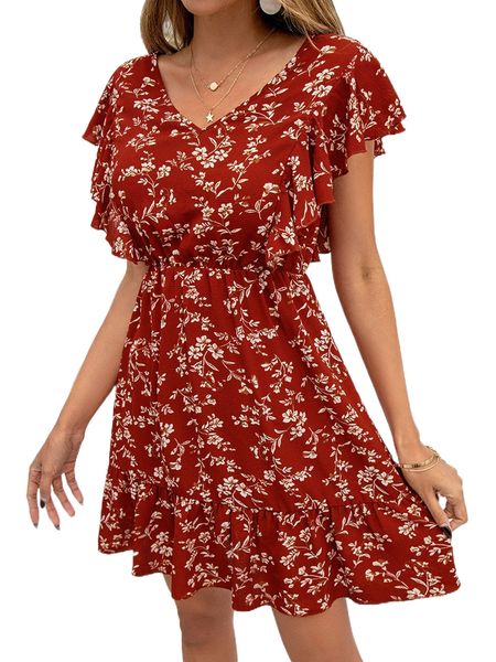 

allover floral print tie back ruffle hem butterfly sleeve dress s1cr#, Black;gray