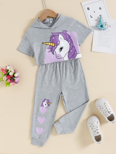 

toddler girls cartoon graphic hooded tee & heart print sweatpants she, White