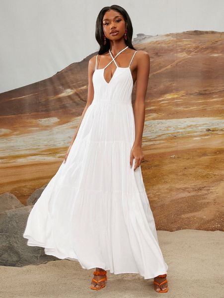 

newness tied backless crisscross ruffle hem cami dress f1wm#, Black;gray