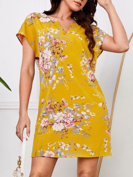 

notch neck botanical print dress 24el#, Black;gray