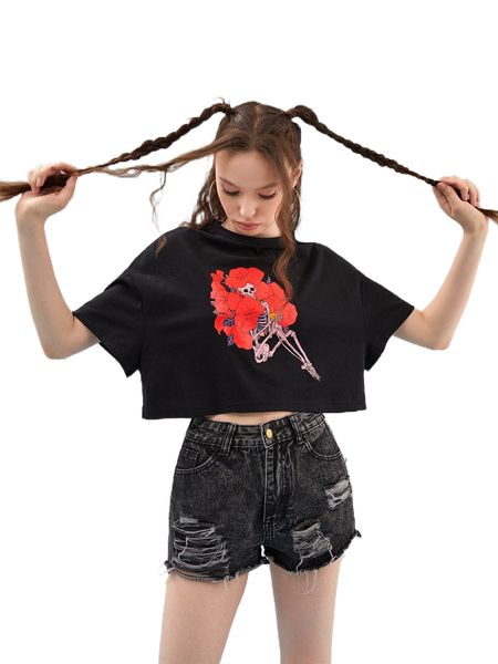 

x ungfio floral & skeleton print drop shoulder tee d2lv#, White