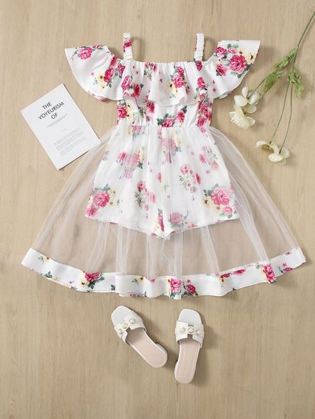 

toddler girls floral print contrast mesh cold shoulder romper she, Blue