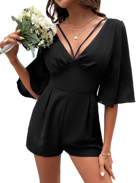 

crisscross tie back butterfly s.leeve romper c32q#, Black;white