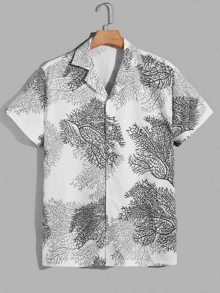 

romwe guys plants print lapel neck shirt j1mn#, White;black