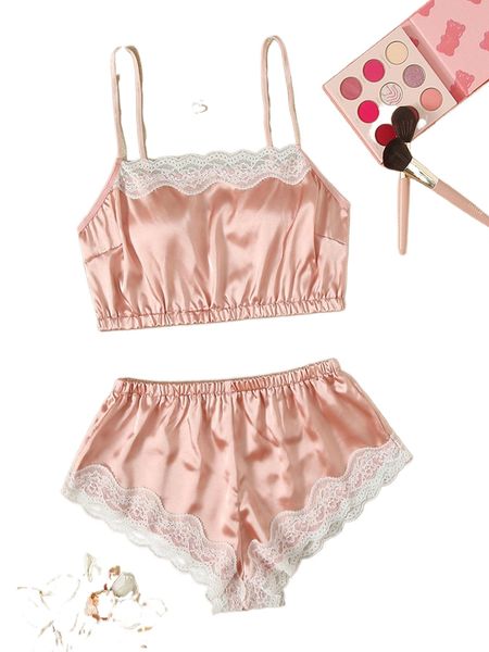 

satin lace cami & shorts lingerie set q6nc#, Black;red