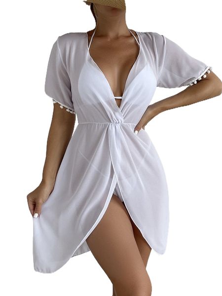 

pom pom decor cover up without bikini i1th#, White;black