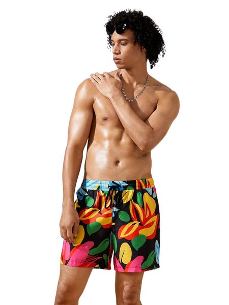 

men floral print tie waist shorts l6tw#, White;black