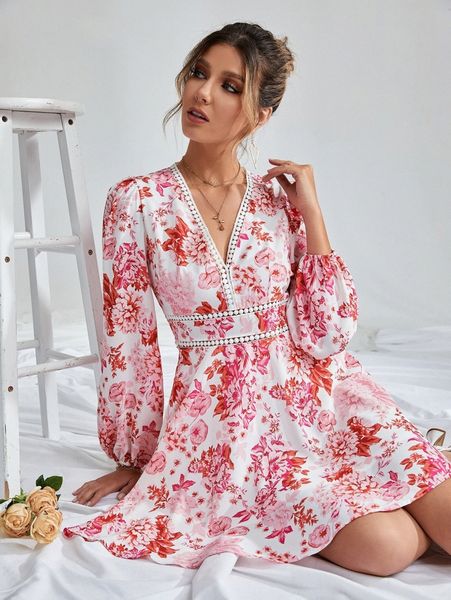 

floral print bishop sleeve dress f6jd#, Black;gray