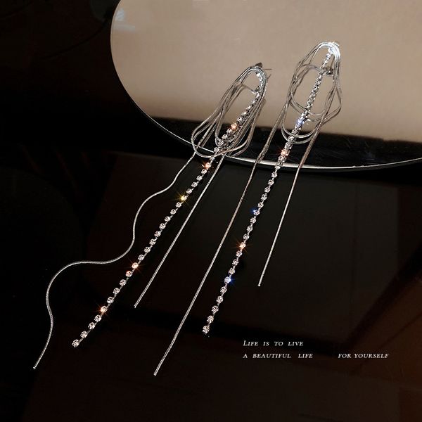 

european and american fashion zircon tassel long earrings niche design temperament stud earrings shiny elegant exaggerated eardrop women, Golden