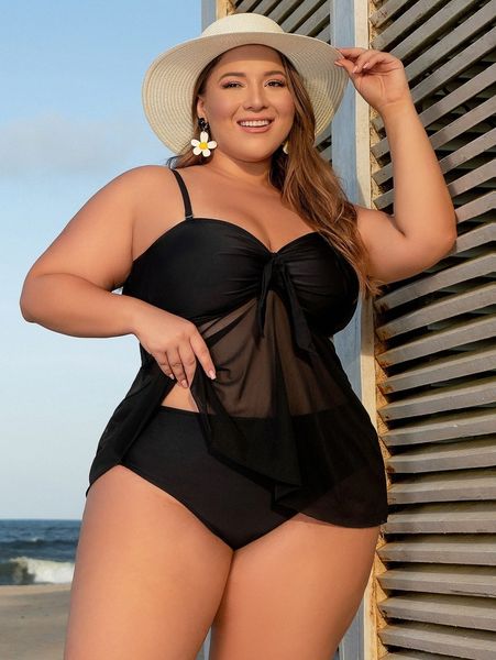

plus contrast mesh knot bikini swimsuit 08lu#, White;black