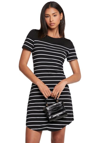 

tall striped curved hem tee dress r6q7#, Black;gray