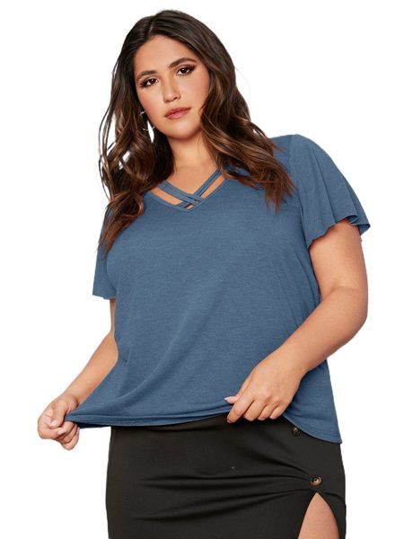 

plus criss cross butterfly sleeve tee 70vy#, Black