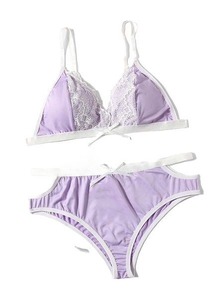 

plus contrast lace cut-out lingerie set 612k#, Black;white