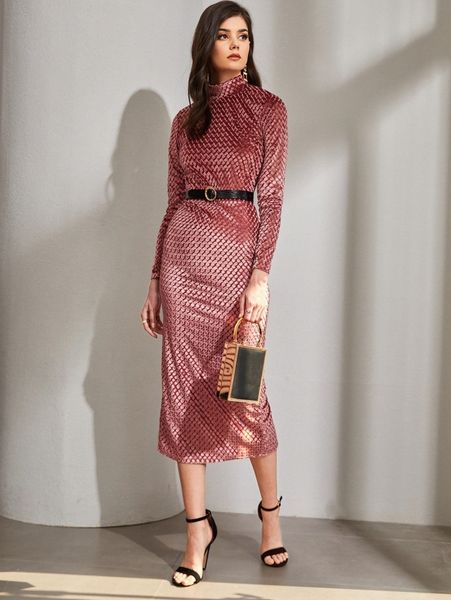 

mock neck split back velvet bodycon dress without belt m76t#, Black;gray