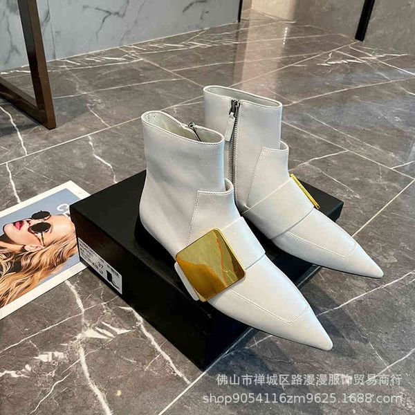 

boots jil autumn and winter metal buckle short boots women's side zipper pointed thick heel flat bottom low fashion, Black
